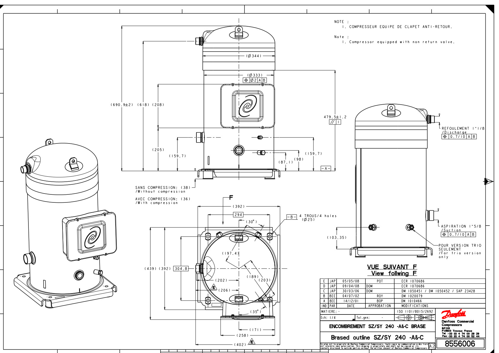 Danfoss SY — Герметичные спиральные компрессоры, R22, R134a, R407C SY300A4PBI Компрессор спиральный SY300A4PBI  - Вид №12