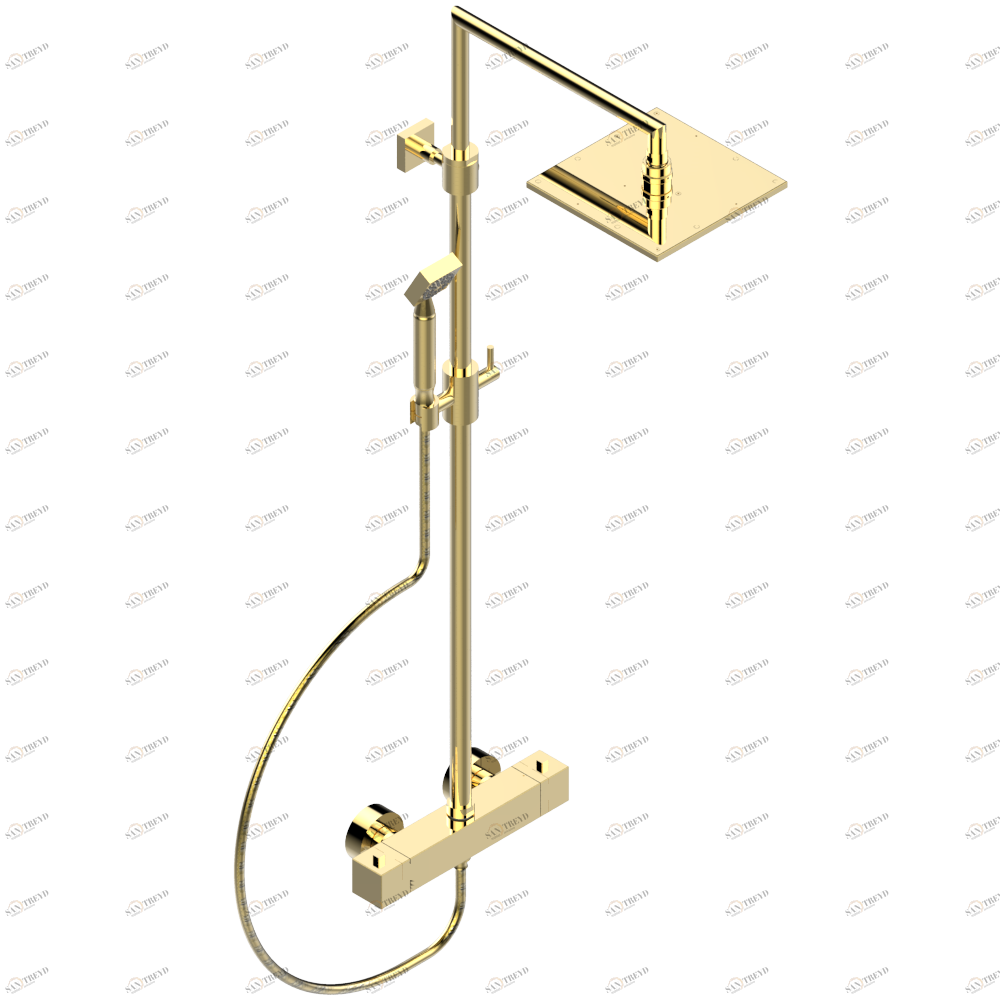 G79-6527CD Смеситель для душа термостатический 1/2" встраиваемый в стену с душевой колонной, ручным душем, шлангом и верхней лейкой 190 x 190 мм Thg-paris Cubica Покрытие PVD золотистый цвет G79 6527CD CAT.F