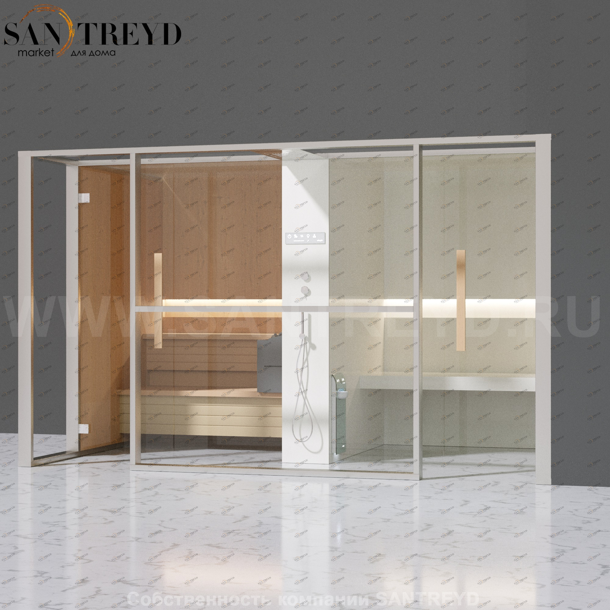 Effegibi LOGICAFILO LO11020003 Комбинированная баня: хаммам и сауна. Установка: в правый угол. Мощность: 10,5 кВт макс. Размеры: длина 373 см, ширина 250 см. Отделка: канадский хемлок, матовый лакированный белый аллюминий и серый ламинат из керамогранита.