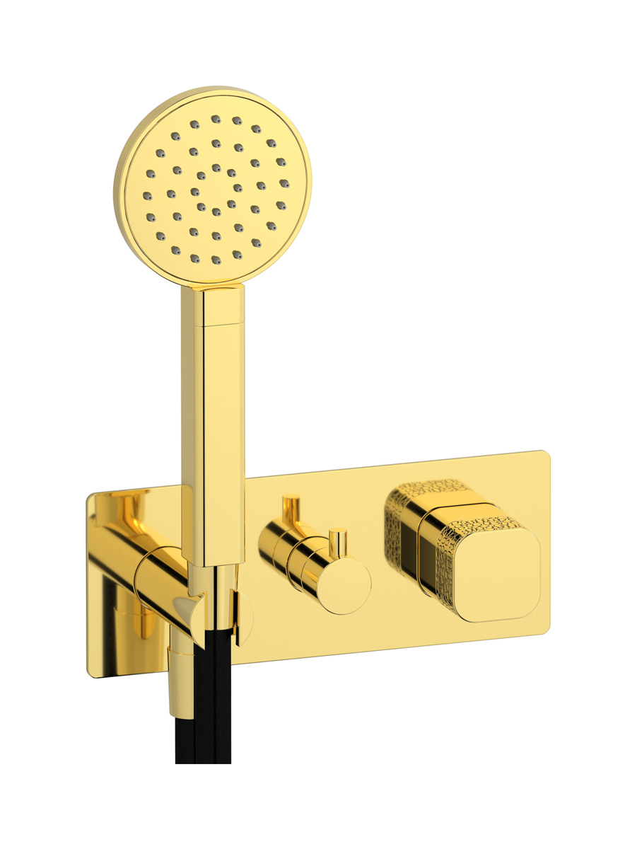 Прогрессивный настенный смеситель для душа на 3 потребителя со встроенным душевым гарнитуром. WE ARE IB eo314oo_2 Gold Elio
