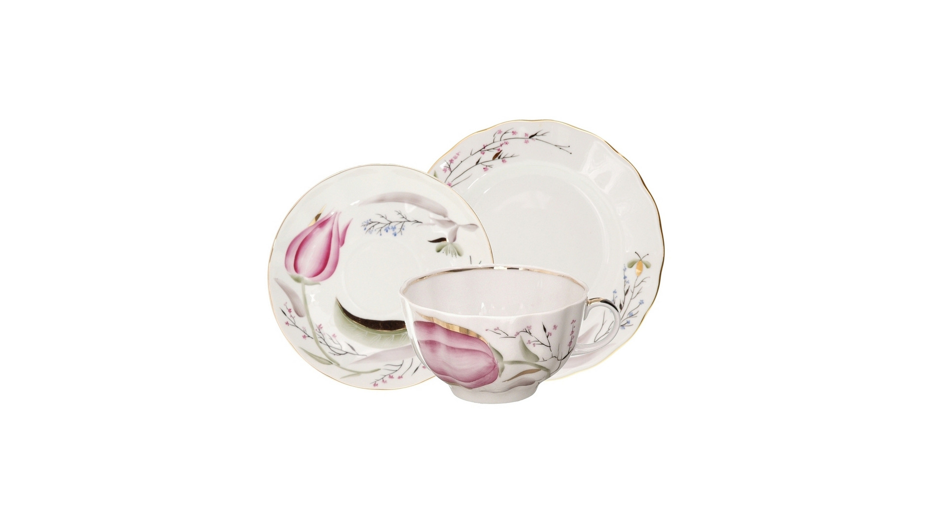 10595571 Императорский фарфоровый завод Набор чайный ИФЗ "Розовые тюльпаны" 3 предмета, 250мл, ф.Тюльпан Фарфор твердый  - Вид №1