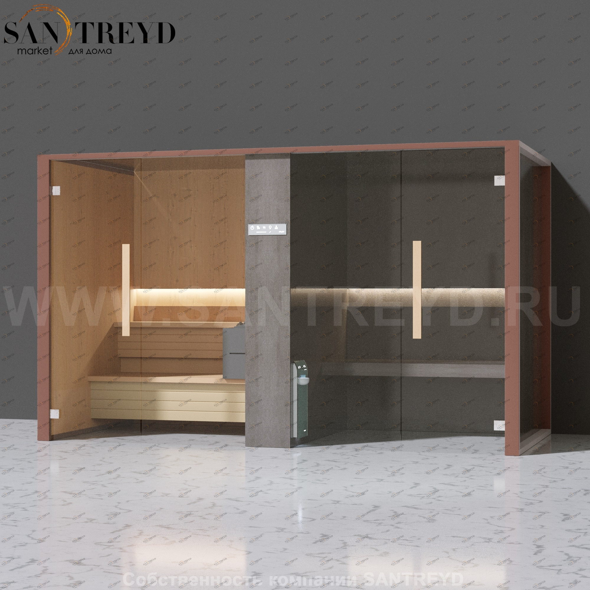 Effegibi LOGICAFILO SH LO41030001 Комбинированная баня: хаммам и сауна. Установка: к стене. Мощность: 10,5 кВт макс. Размеры: длина 373 см, ширина 171 см. Отделка: канадский хемлок, Отделка: канадский хемлок, матовый лакированный коричневый аллюминий и те