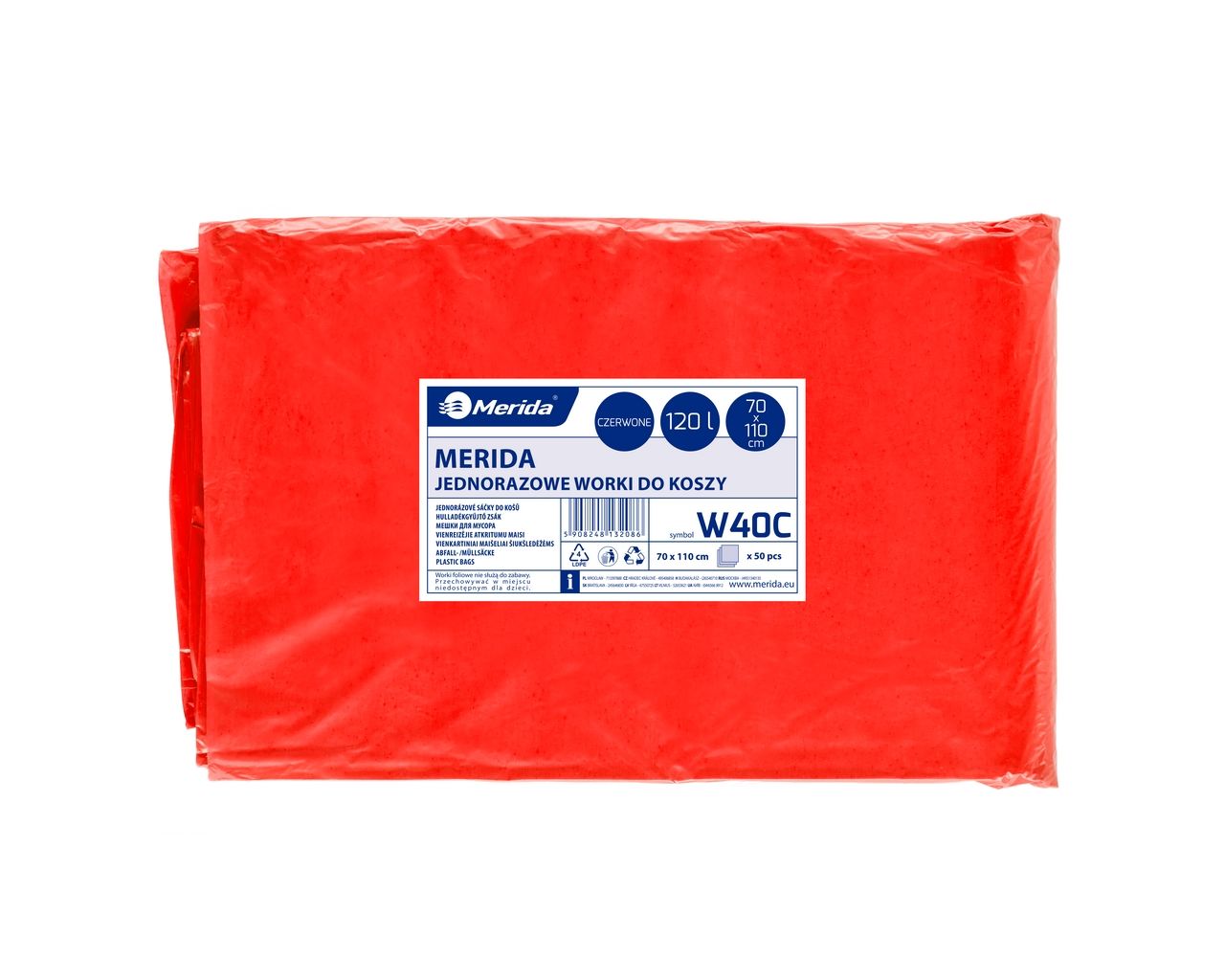 W40C Одноразовые мешки для мусора, 70 x 110 см, вместимость 120 л, 50 шт. в упаковке, КРАСНЫЕ, LDPE Merida 