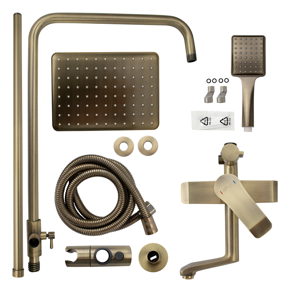 GFmark - Смеситель + стойка душевая "тропический душ" с двумя лейками под состаренную БРОНЗУ, код: 5075  - Вид №4