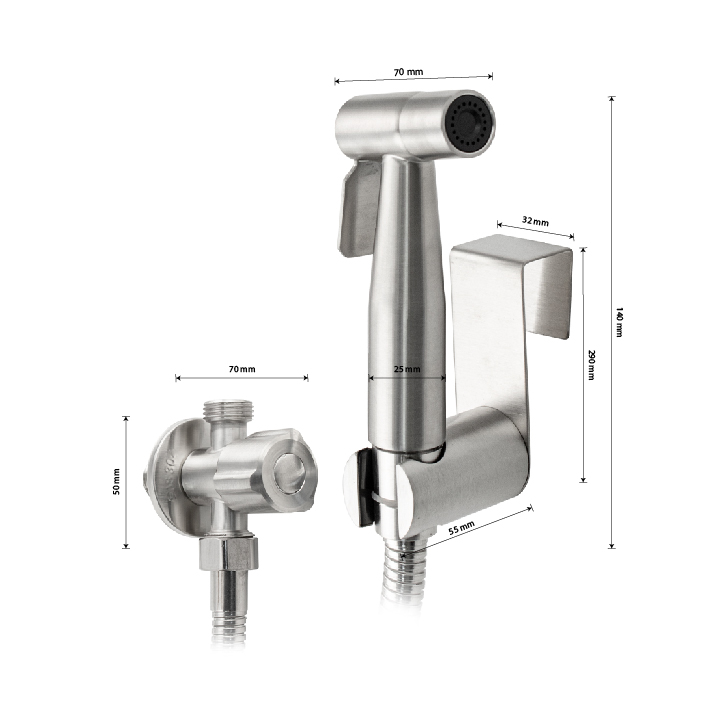 GFmark - Набор биде гигиенический из нержавеющей стали, матовый, (шаровый кран + лейка + шланг), код: 2061  - Вид №3