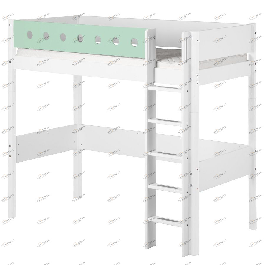 Кровать Flexa White высокая с прямой лестницей, 190 см, белая с мятным 801750119
