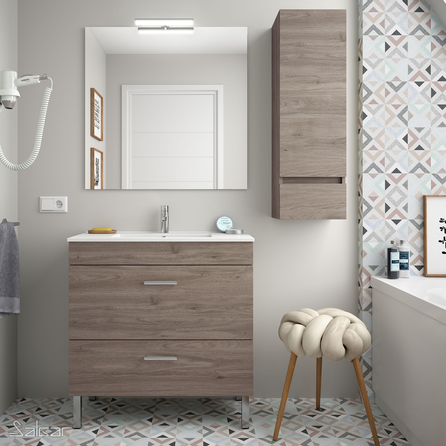 85155 SALGAR Комплект мебели для ванной ALMAGRO 800 ETERNITY OAK + Раковина + Зеркало + Свет Робл Вечность