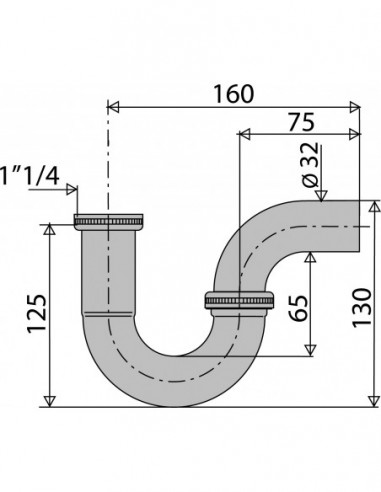 167100 008 00  Трубка сифон для раковины, выход Д. 32 мм, выс. 125 мм, матовая хромированная латунь Valentin Хром  - Вид №2