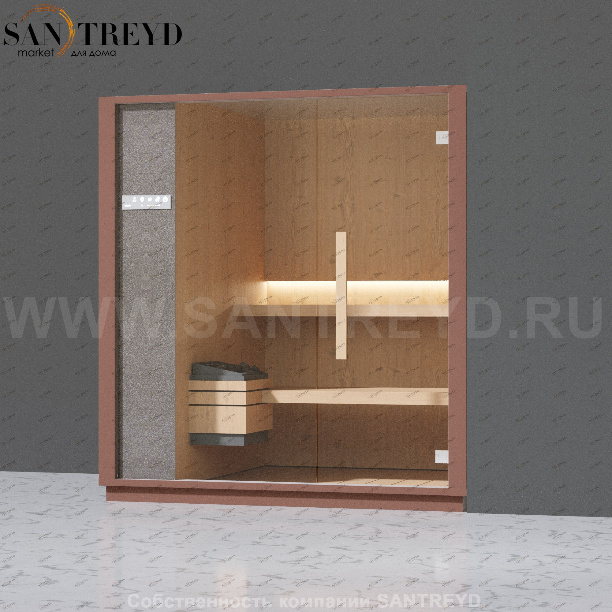 Effegibi ONE S LO50030008 Сауна. Установка: в правый угол. Левая дверь. Мощность: 6 кВт макс. Размеры: длина 214 см, ширина 171 см. Отделка: канадский хемлок, матовый лакированный серый аллюминий и бежевый ламинат из керамогранита.