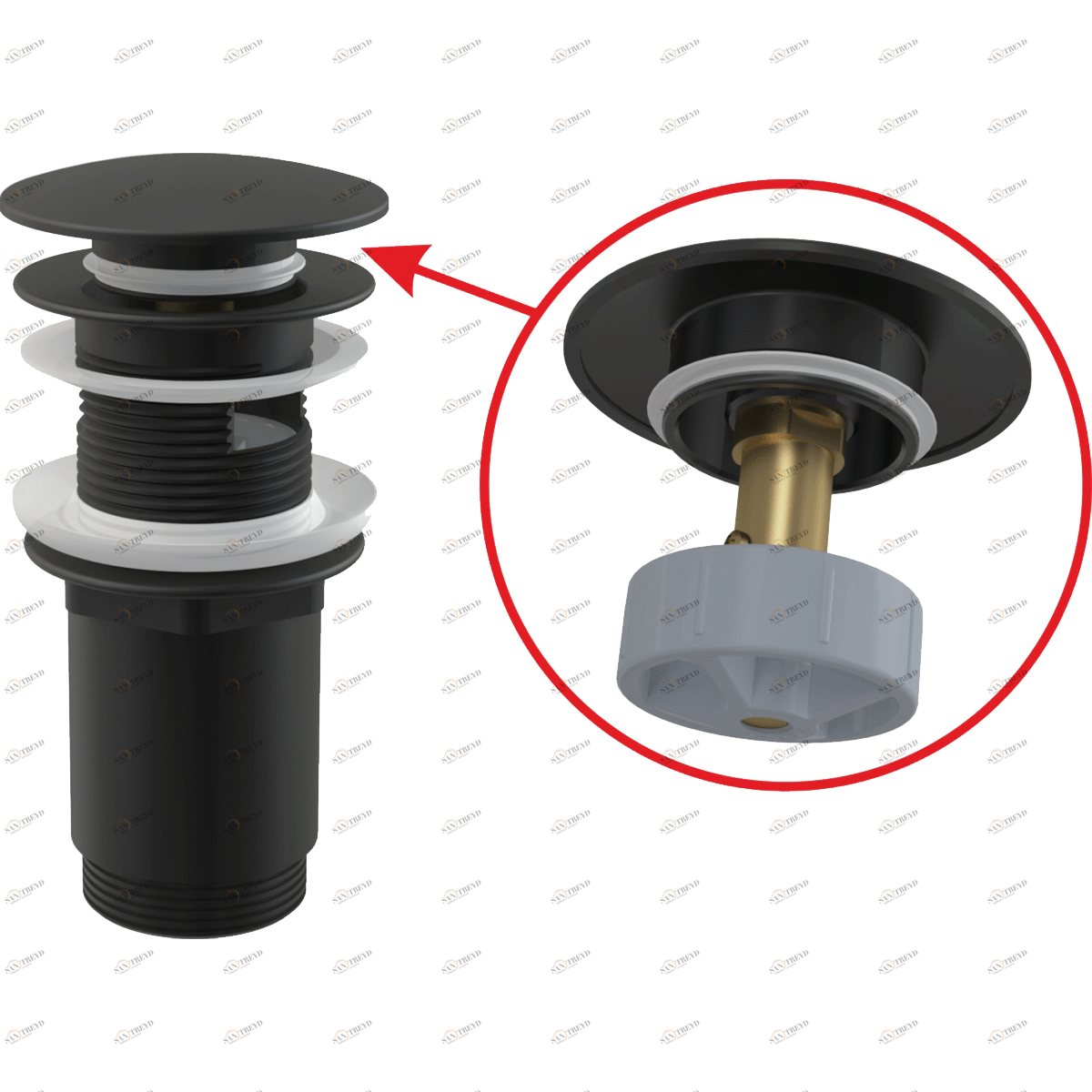 Донный клапан сифона для умывальника CLICK/CLACK 5/4", цельнометаллический с переливом и большой черной заглушкой ALCAPLAST A392BLACK