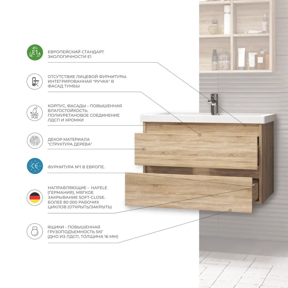 Тумба под раковину подвесная Vigo Matteo 80 см цвет дуб сонома STLM-2090196 - Вид №4