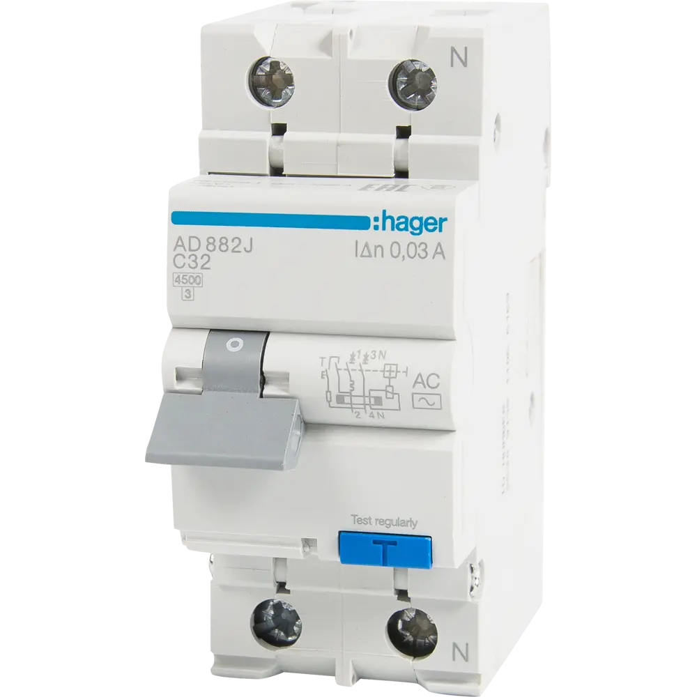 Дифференциальный автомат Hager AD882J 1P N C32 A 30 мА 4.5 кА AC STLM-2066851