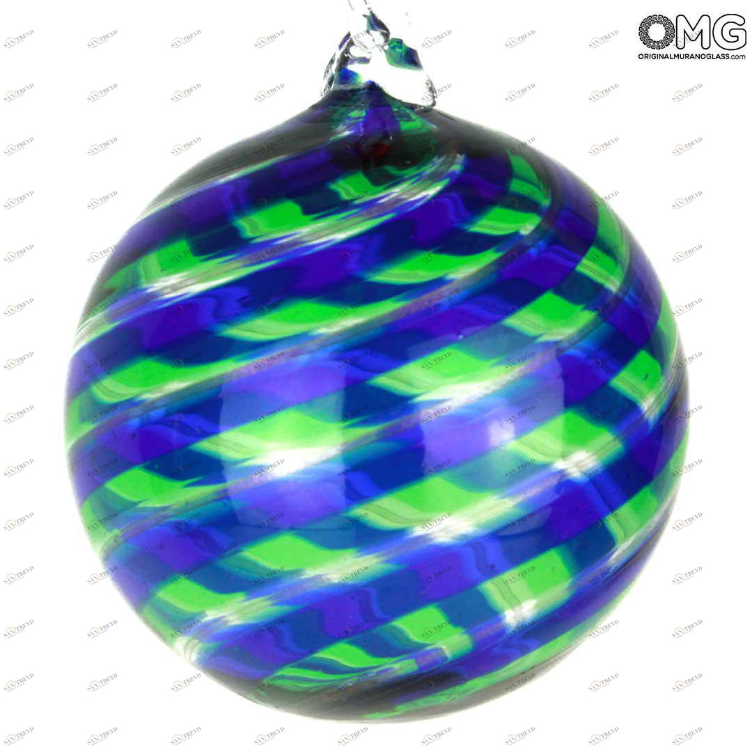 2640 ORIGINALMURANOGLASS Ёлочный шар Fantasy - сине-зелёная спираль - MURANO GLASS XMAS 8 см 