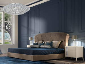 Двуспальная кровать из ткани с мягким изголовьем