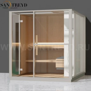 Effegibi LOGICA S LO20020001 Сауна. Установка: к стене. Правая дверь. Мощность: 6 кВт макс. Размеры: длина 214 см, ширина 250 см. Отделка: канадский хемлок, матовый лакированный белый аллюминий и серый ламинат из керамогранита.