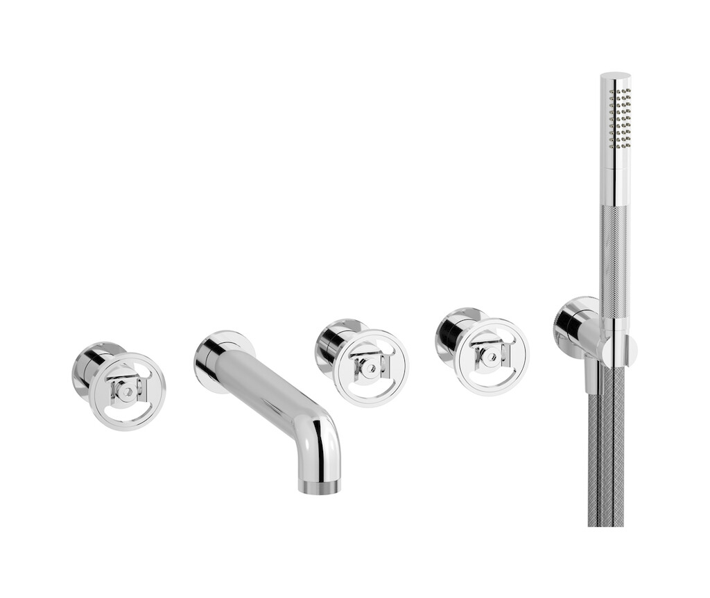 Настенный смеситель для ванной на 5 отверстий с дивертером и душевым гарнитуром. WE ARE IB b1398cc Chrome Bold