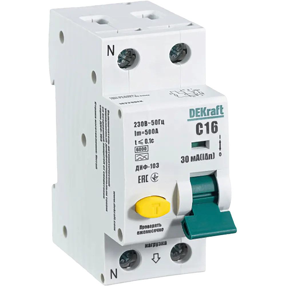 Дифференциальный автомат DEKraft 1P N C16 А 30 мА 6 кА A 16229DEK 84509414 STLM-2060240 