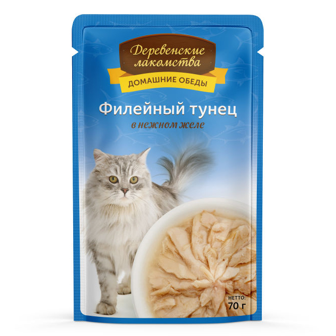 ПР0046894 Корм для кошек Филейный тунец в нежном желе пауч 70г ДЕРЕВЕНСКИЕ ЛАКОМСТВА 