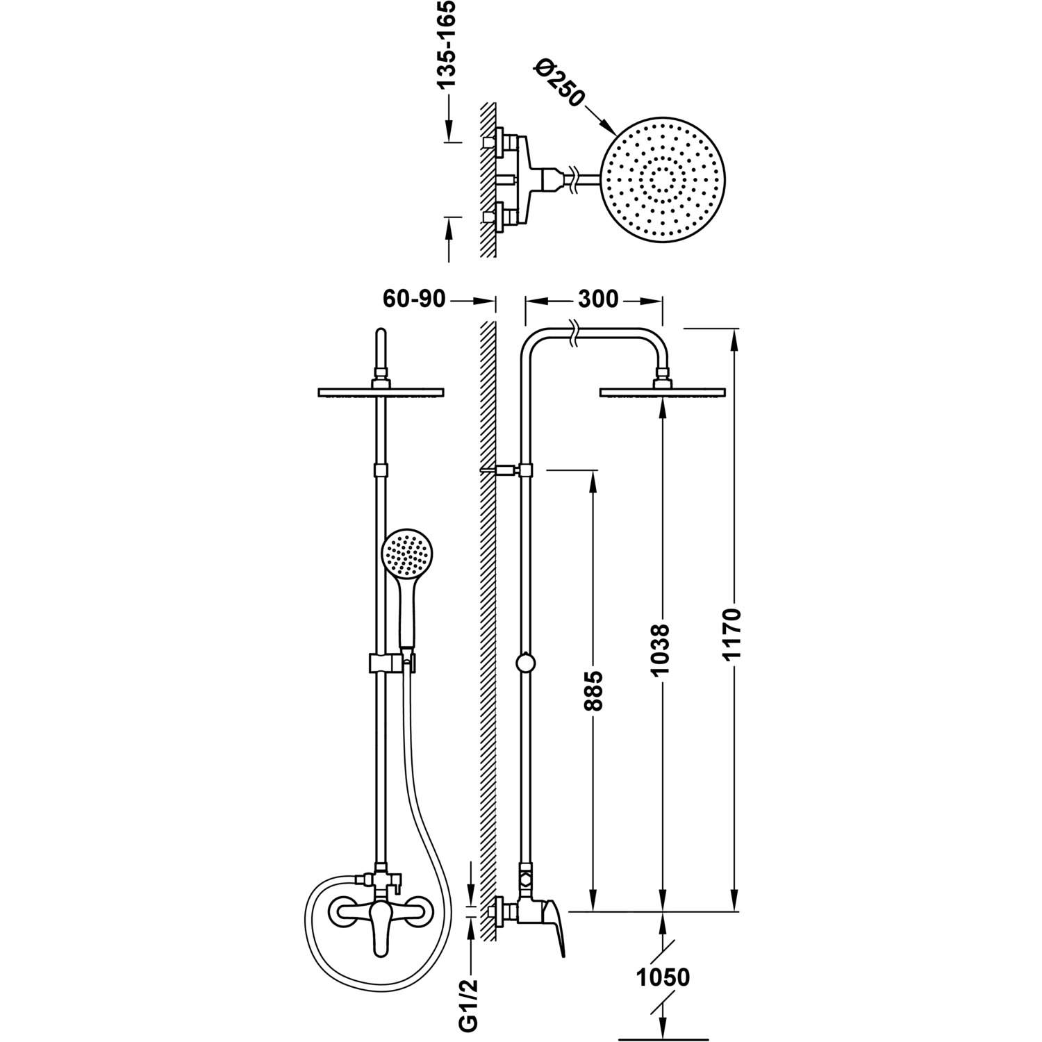 ОСНОВАНИЕ ПЛЮС 2-полосный настенный смеситель для душа с одной ручкой -21619110P TRES Base - Вид №1