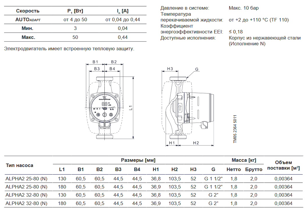 Циркуляционный насос GRUNDFOS ALPHA2 32-80 N 99411449 - Вид №4