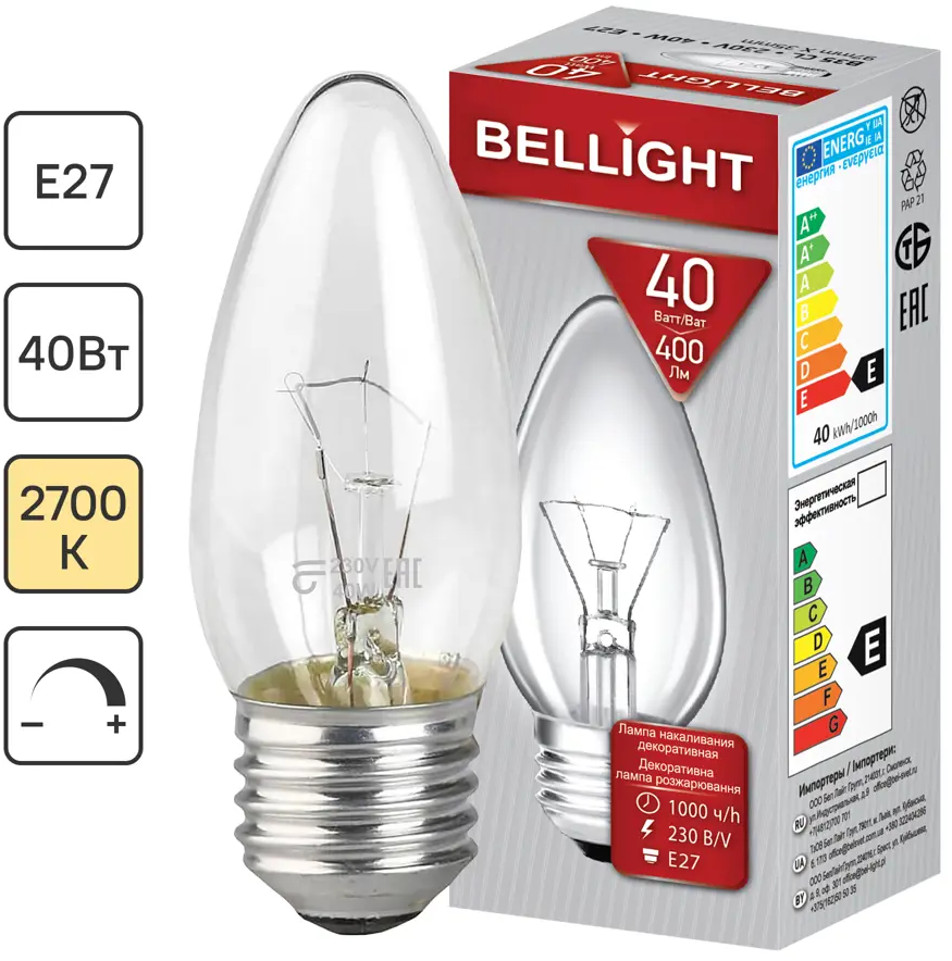 Лампа Bellight Е27 свеча 40Вт теплый свет для диммера 87491484