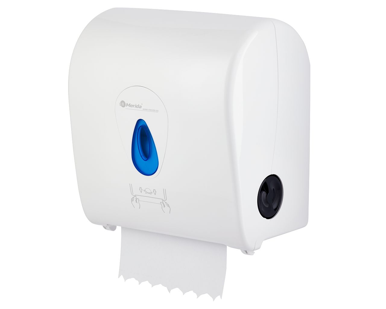 CTN302 TOP AUTOMATIC MAXI механический диспенсер для бумажных полотенец в рулонах, пластик ABS, глянцевый белый, синее окно Merida  - Вид №5
