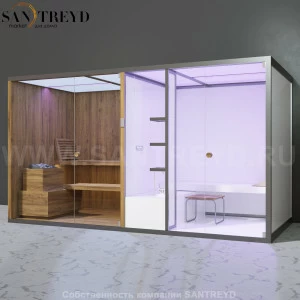 Effegibi BODYLOVE SH BL40250004 Фронтальная комбинированная баня: хаммам и сауна. Установка: к стене. Мощность: 15 кВт макс. Размеры: длина 393 см, ширина 176 см. Отделка: термообработанная древесина без отделки.