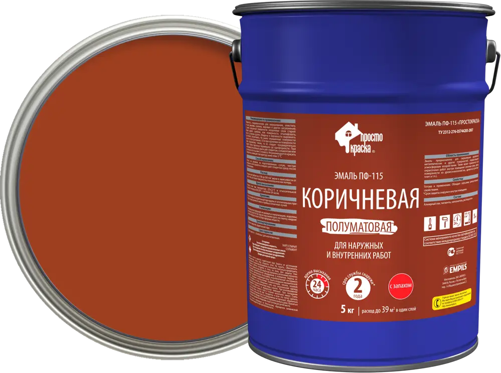 Эмаль ПРОСТОКРАСКА ПФ-115 коричневая для наружных и внутренних работ 5 кг 18522149