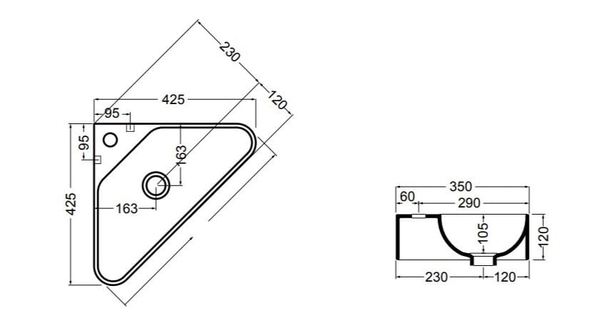 Керамическая подвесная угловая ручная мойка Axa Prisma Sink Bowl Normal ARCH-00023455 - Вид №3