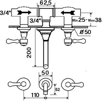 rvb Смеситель для умывальника настенный на 3 отверстия 1935 wood 1936.11.50-cc - Вид №1
