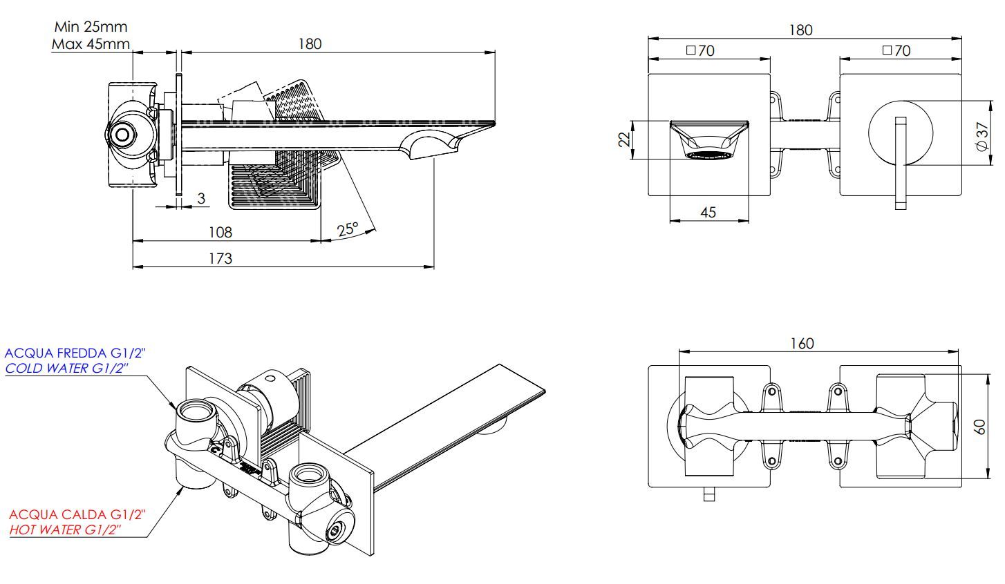Настенный смеситель для раковины с 2 отверстиями Daniel Rubinetterie Stellar ARCH-00039003 - Вид №2