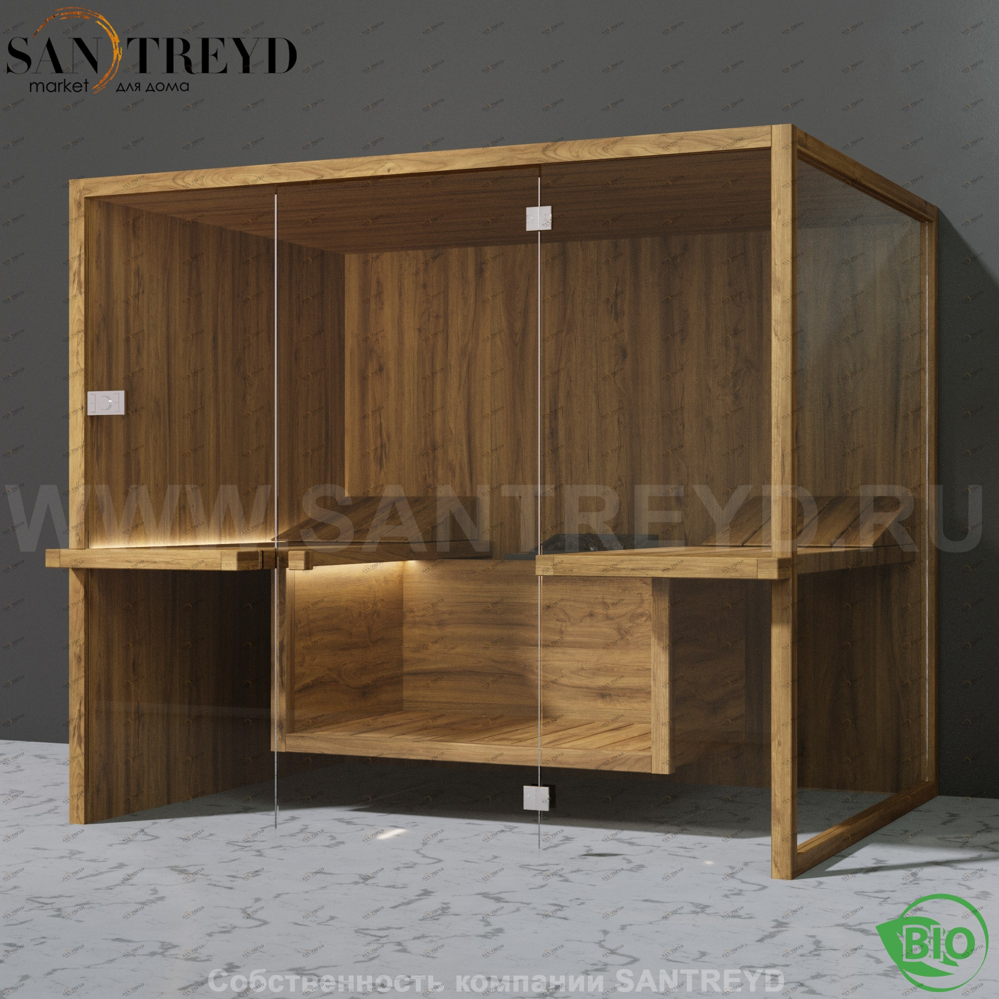 Effegibi AIR BI91100004 Био-сауна. Установка: к стене. Мощность: 12 кВт макс. Размеры: длина 247 см, ширина 182 см. Отделка: осина термообработанная.