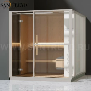 Effegibi LOGICA S LO20020005 Сауна. Установка: в левый угол. Правая дверь. Мощность: 6 кВт макс. Размеры: длина 214 см, ширина 250 см. Отделка: канадский хемлок, матовый лакированный белый аллюминий и серый ламинат из керамогранита.