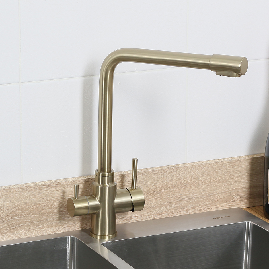 Смеситель д/кухни MELANA-F9505HG нерж.сталь, с переключателем на фильтр, однорычажный, золото