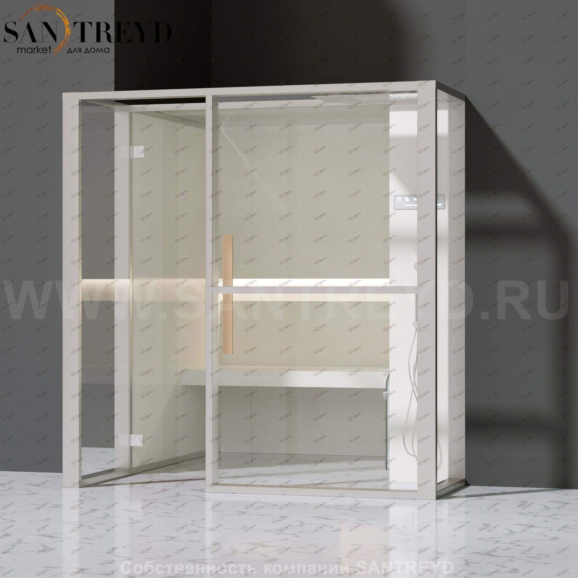 Effegibi LOGICAFILO H LO31020011 Хаммам. Установка: в полунишу. Правая дверь. Мощность: 4,5 кВт макс. Размеры: длина 214 см, ширина 250 см. Отделка: матовый лакированный белый аллюминий и серый ламинат из керамогранита.