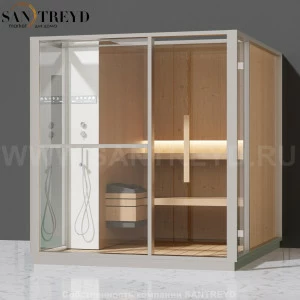 Effegibi LOGICA S LO20020002 Сауна. Установка: к стене. Левая дверь. Мощность: 6 кВт макс. Размеры: длина 214 см, ширина 250 см. Отделка: канадский хемлок, матовый лакированный белый аллюминий и серый ламинат из керамогранита.