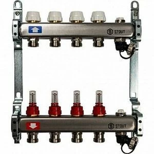 Коллектор из нерж. стали на 4 вых. с расходомерами, сливом и клапаном STOUT