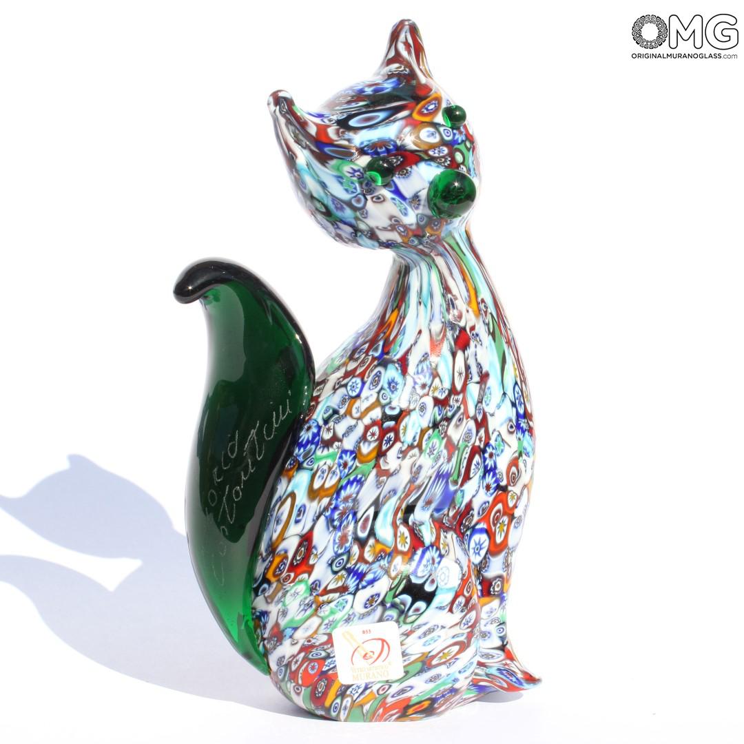 2306 ORIGINALMURANOGLASS Скульптура Зелёный кот миллефиори из муранского стекла 9 см  - Вид №1