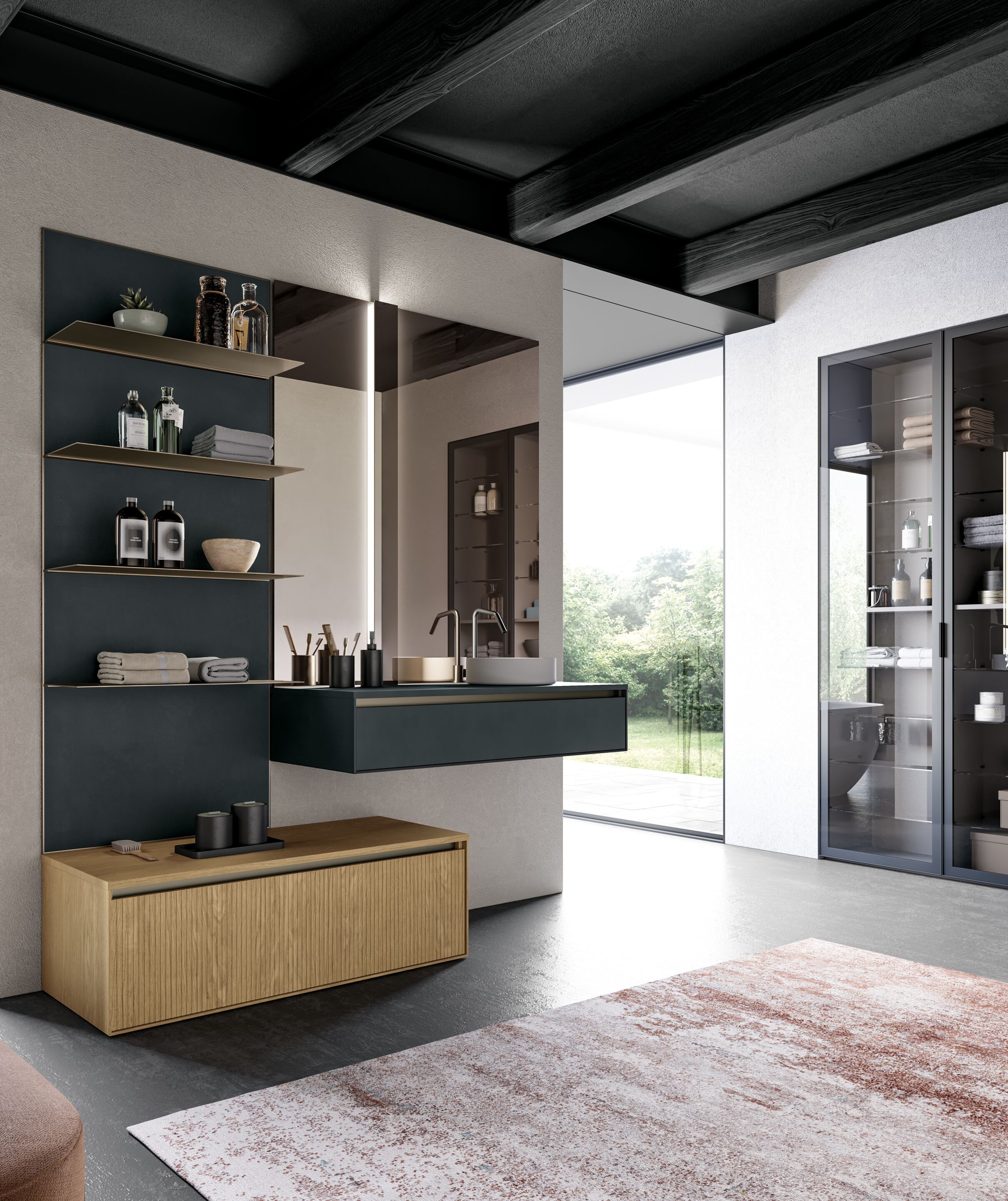 Одноместный подвесной туалетный столик из каннете с ящиками, зеркалом и полками Birex трек ARCH-00109103 - Вид №1