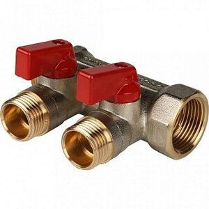 Коллектор с шаровыми кранами 3/4" STOUT 2 выхода 1/2", красные ручки