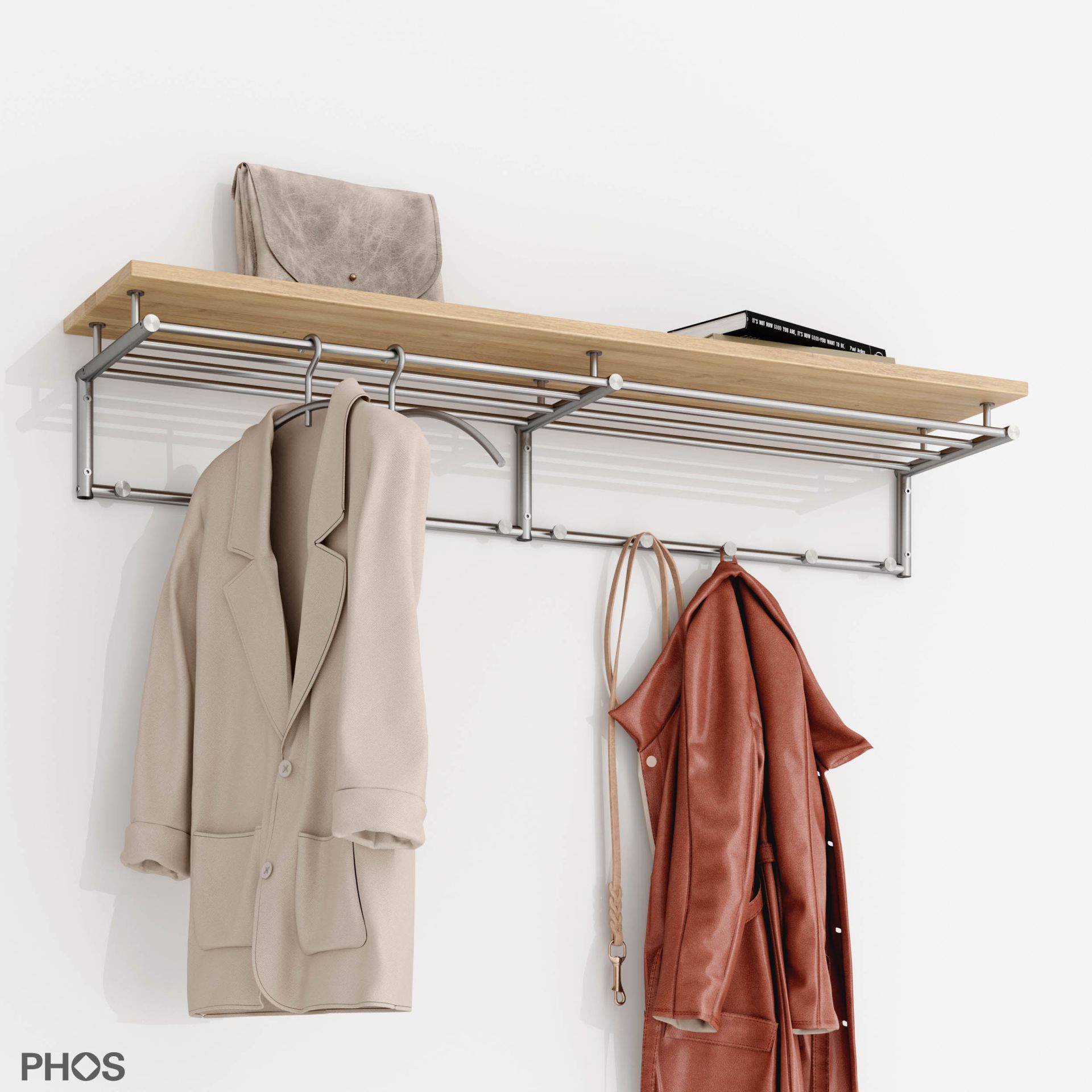 G17-1400-Eiche Навесной шкаф g17, широкий, с 4 платяными штангами, 12 крючками и деревянной полкой из массива дуба - ширина 145 см PHOS 