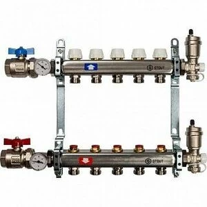 Распределительный коллектор из нерж. стали STOUT в сборе 3/4" х 1/4" х 5 выходов без расходомеров