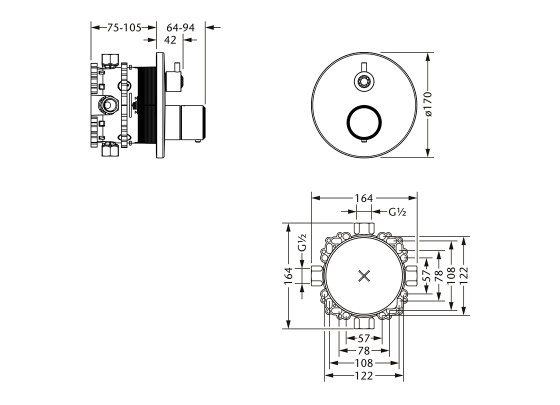 Термостат для душа скрытого монтажа ½" с запорным и переключающим вентилем JOERGER Palazzo Crystal 605.40.380.000 - Вид №1