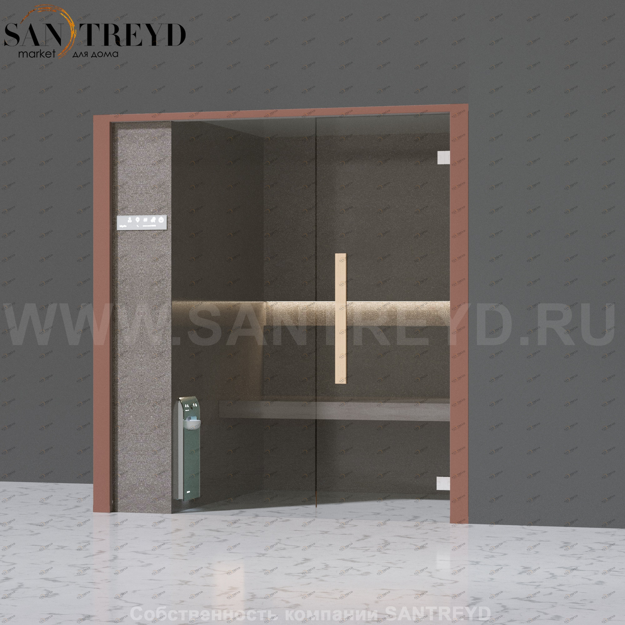 Effegibi ONEFILO H LO61030008 Хаммам. Установка: в правый угол. Левая дверь. Мощность: 4,5 кВт макс. Размеры: длина 214 см, ширина 171 см. Отделка: матовый лакированный коричневый аллюминий и темный ламинат из керамогранита.