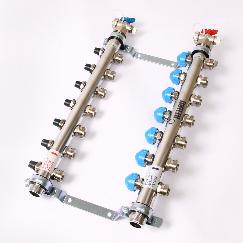 Коллекторная группа из нержавеющей стали с регулир. и термостатическими вентилями и расходомерами REHAU 1"x3/4"ЕК 7 выходов 218071 - Вид №2