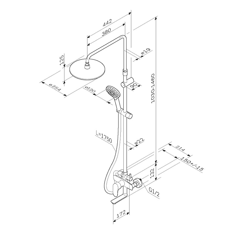 F0780964 душ.системанабор:см-ль д/ванны/душаверхний душ d250 мм ручной душ 120 мм 3 функции AM.PM Like - Вид №8