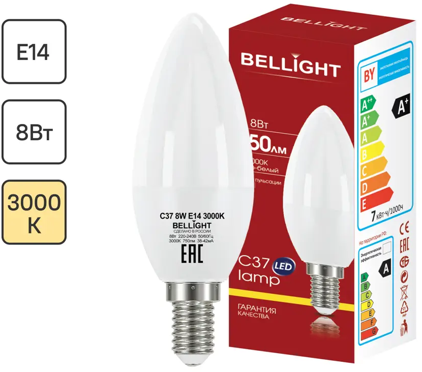 BELLIGHT LED-лампа E14 свеча 8Вт теплый свет для экономного освещения 86170886