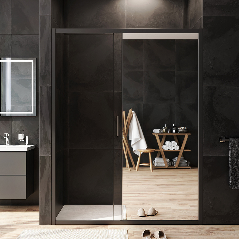 W90G-150-1-195BMir Solo Дверь душевая 150х195 стекло зеркальное профиль черный матовый AM.PM Gem - Вид №2