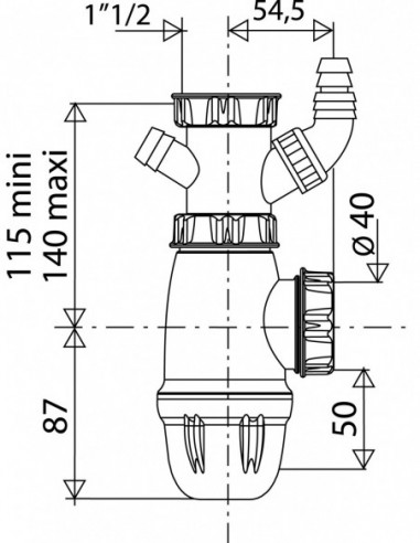 752200 001 00  Сифон для мойки со стиральной машиной и пробкой перелива, Д. 40 мм, сертифицирован NF, пластик Valentin Белый  - Вид №2