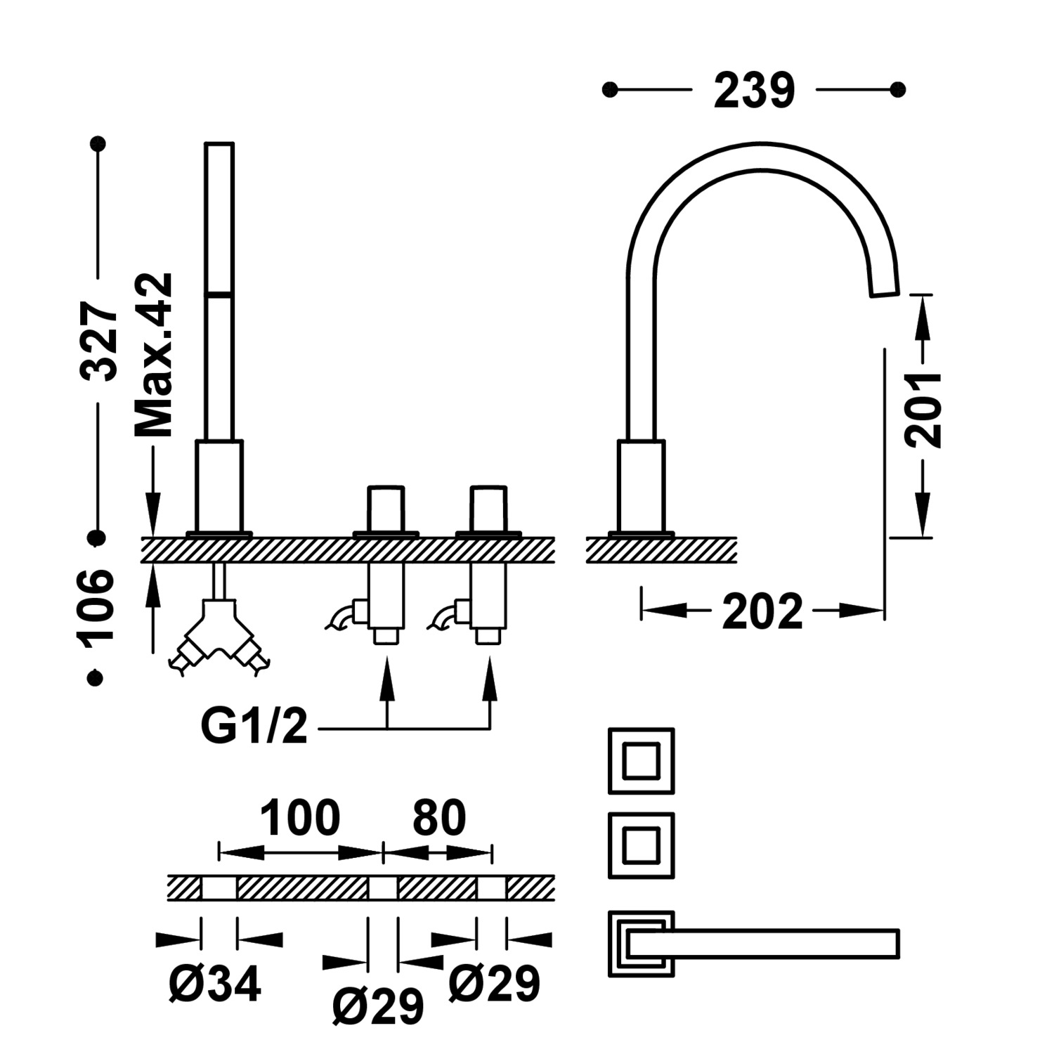 Кран для умывальника CUADRO с двумя ручками-00810503 TRES  - Вид №1